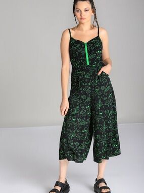 Hell Bunny Black Mulder Jumpsuit with Neon Green Space Print